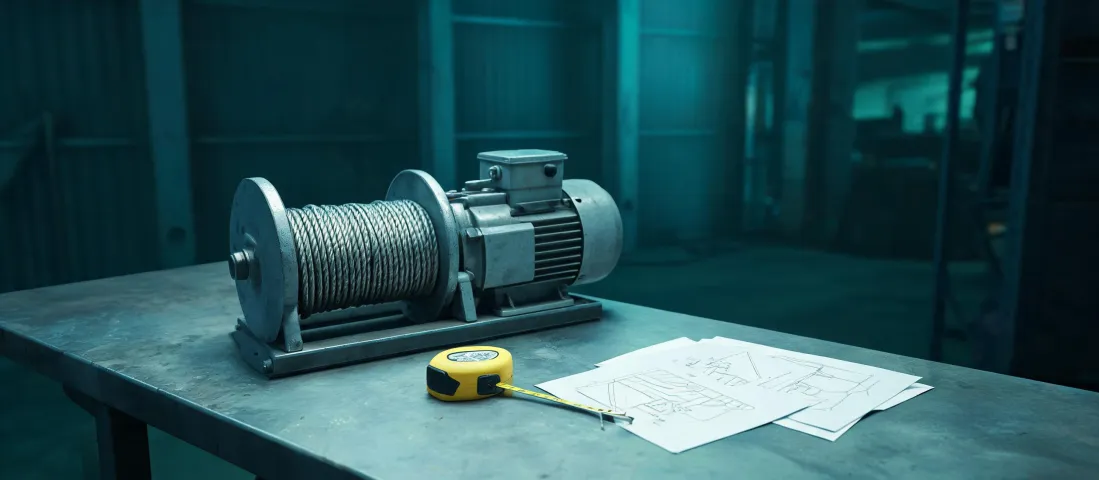 Industrial winch specification notes on a warehouse bench