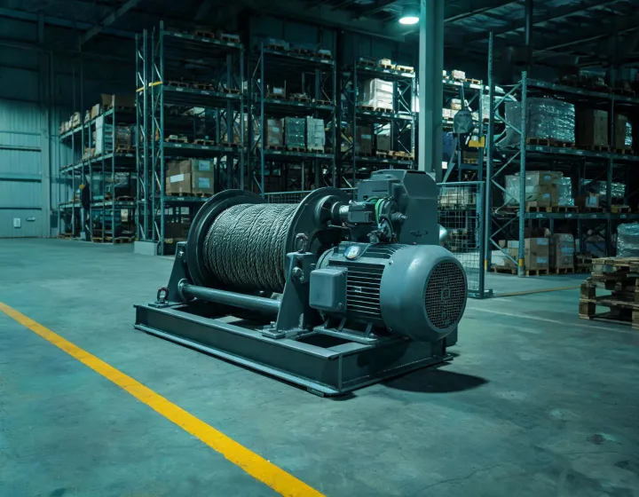Industrial ac electric winch drum on a warehouse mezzanine, illustration only