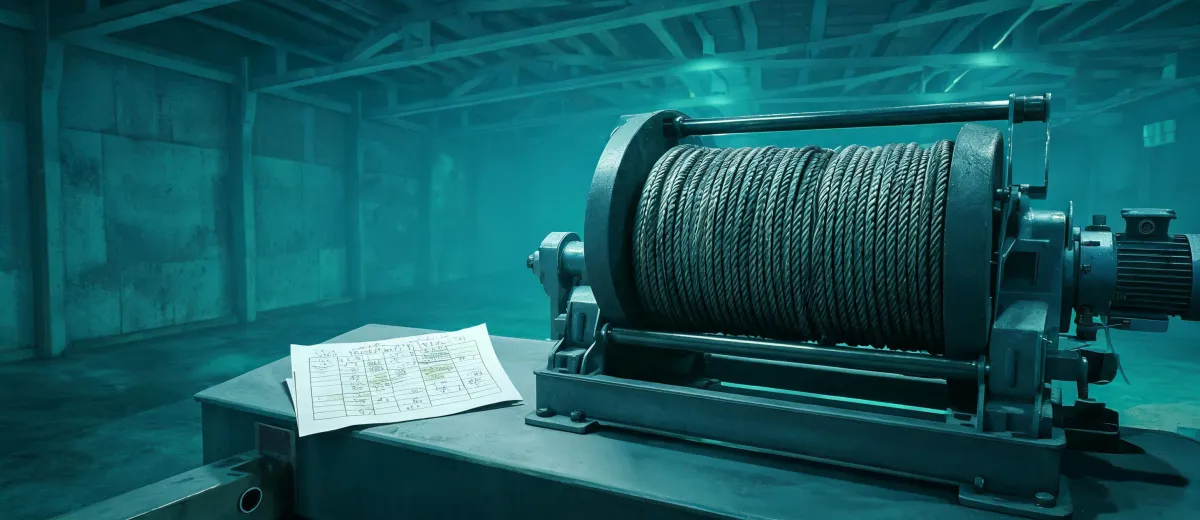 Load spec worksheet next to an industrial winch drum